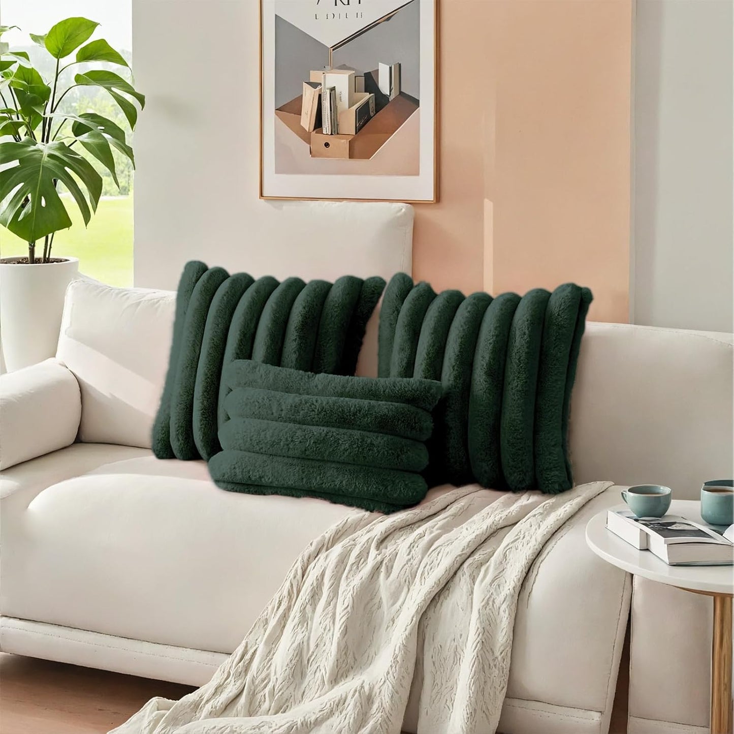 HAUSSY Faux Fur Throw Pillow Covers 20x20 Inch Set of 2,Decorative Striped Neutral Pillow Cases Soft Plush Couch Pillow Covers,Home Decor for Sofa,Bed, Living Room,Dark Green