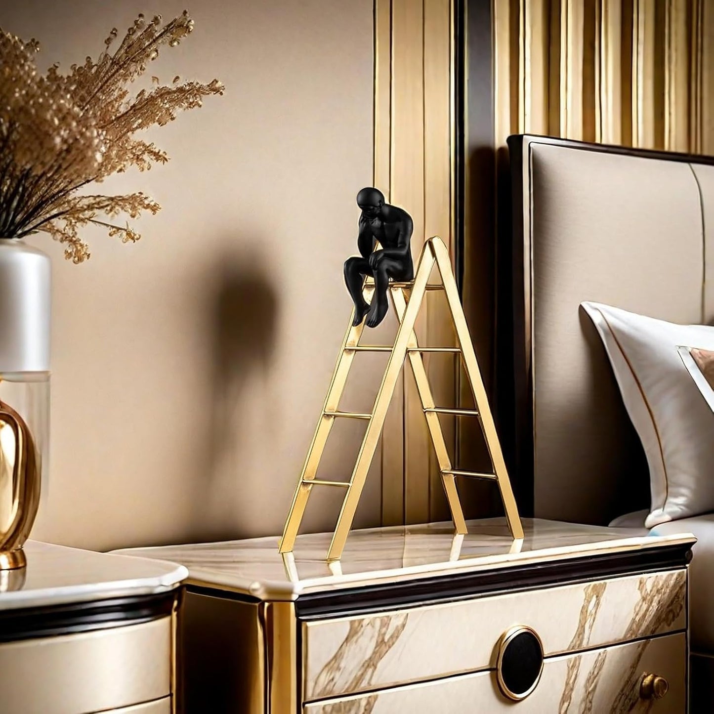 FUNSXBUG The Thinker Statue Thinking Man Statues Sitting on a Ladder Sculptures Collectible Figurine Home Decor Living Room Decoration (Large)