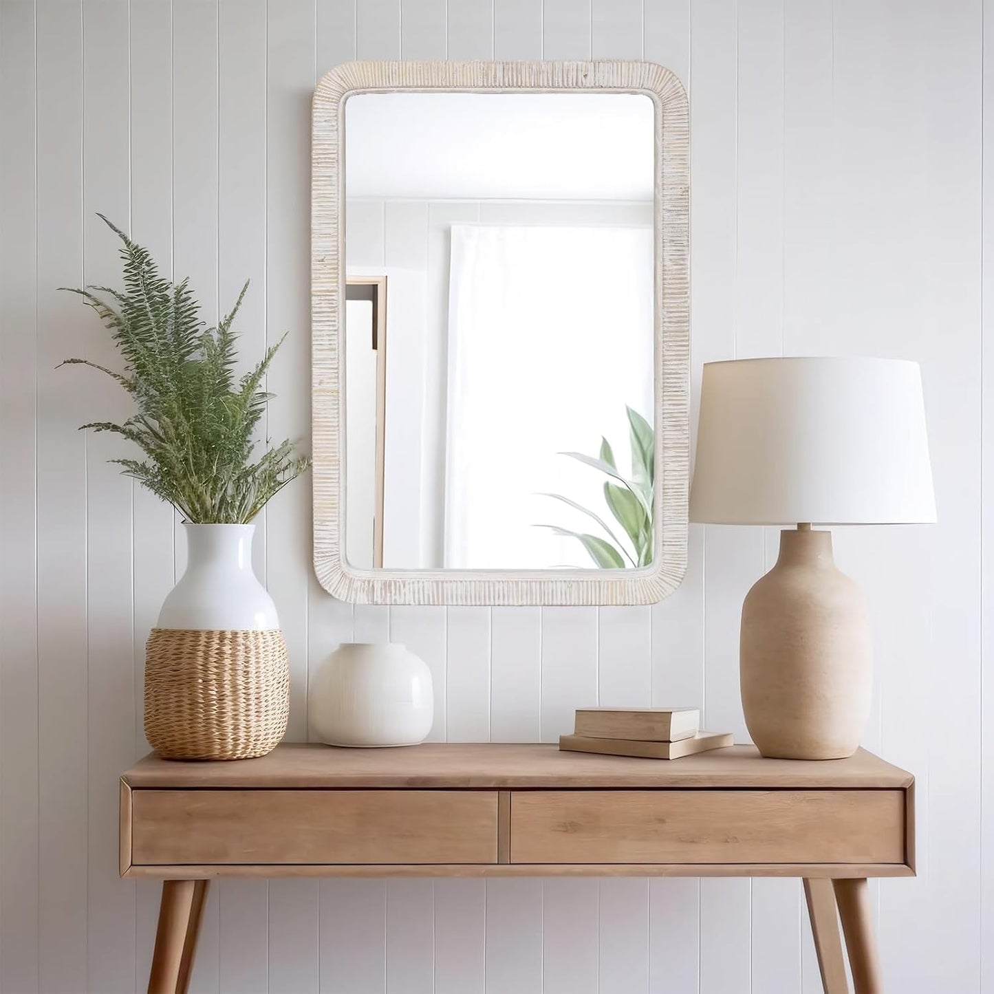 FUIN 20" x 30" Rattan Wicker Rectangle Wall Mounted Bathroom Mirror for Coastal Boho Nursery Decor, White Wash