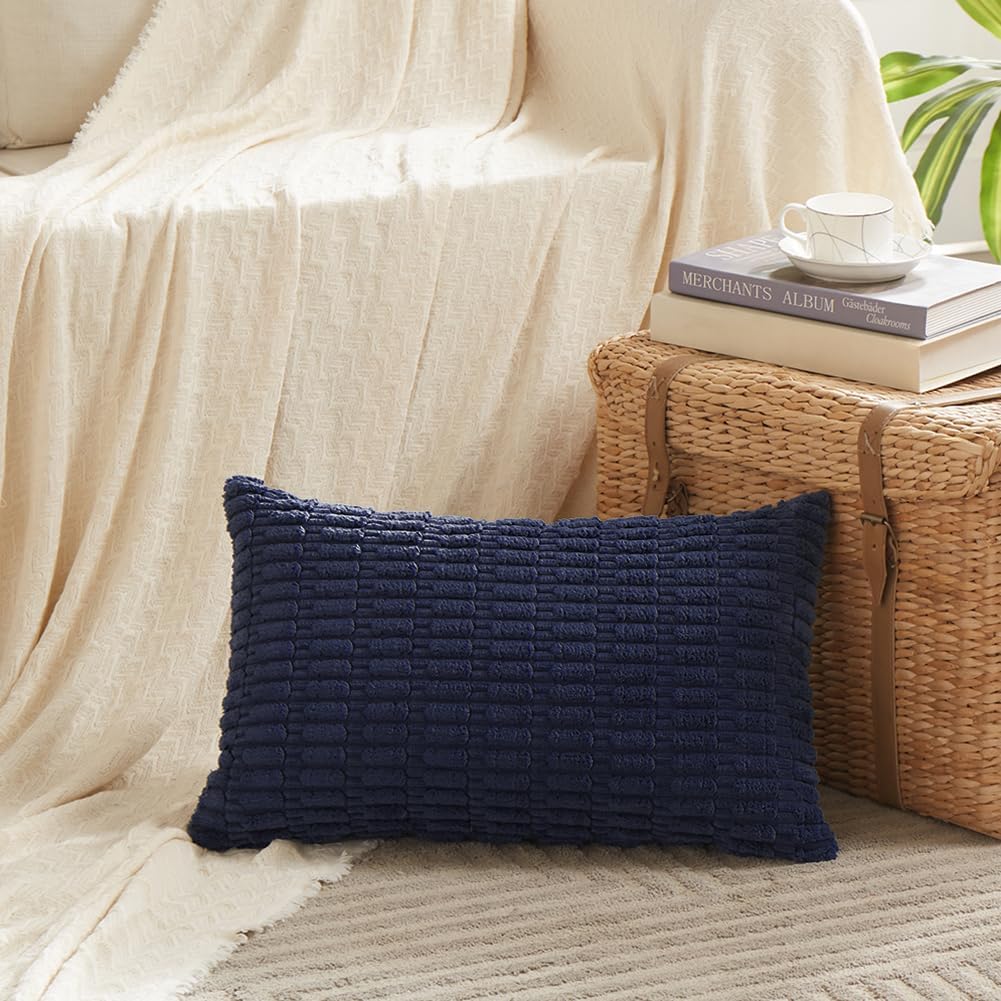 Fancy Homi 4 Packs Navy Blue Decorative Throw Pillow Covers 12x24 Inch for Living Room Couch Bed Sofa, Rustic Modern Farmhouse Boho Home Decor, Soft Plush Corduroy Cute Square Cushion Case 30x60 cm