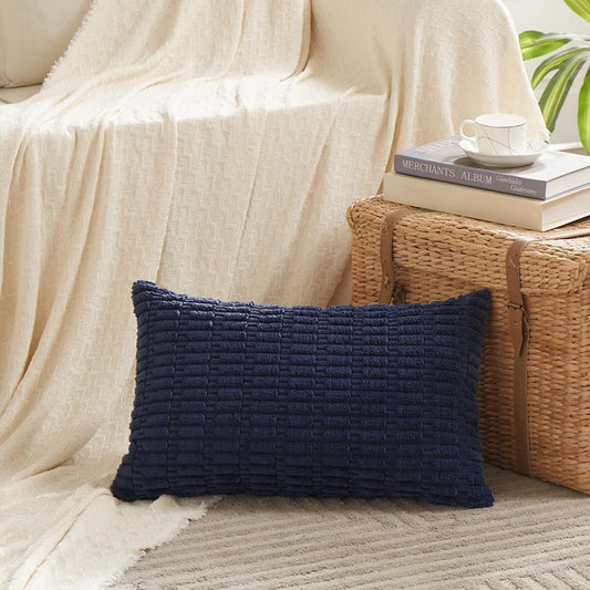 Fancy Homi Navy Blue Lumbar Decorative Throw Pillow Covers 12x20 Inch for Living Room Couch Bedroom, Soft Corduroy Rectangle Solid Cushion Case 30x50 cm, Rustic Farmhouse Boho Home Decor
