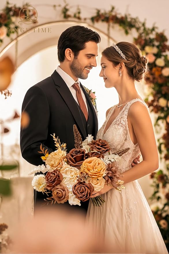 TINGE TIME Silk Fake Flowers Combo, Fake Foam Roses with Stems for DIY Wedding Bouquets Centerpieces Baby Shower Party Home Decorations(Brown & Nude Color)