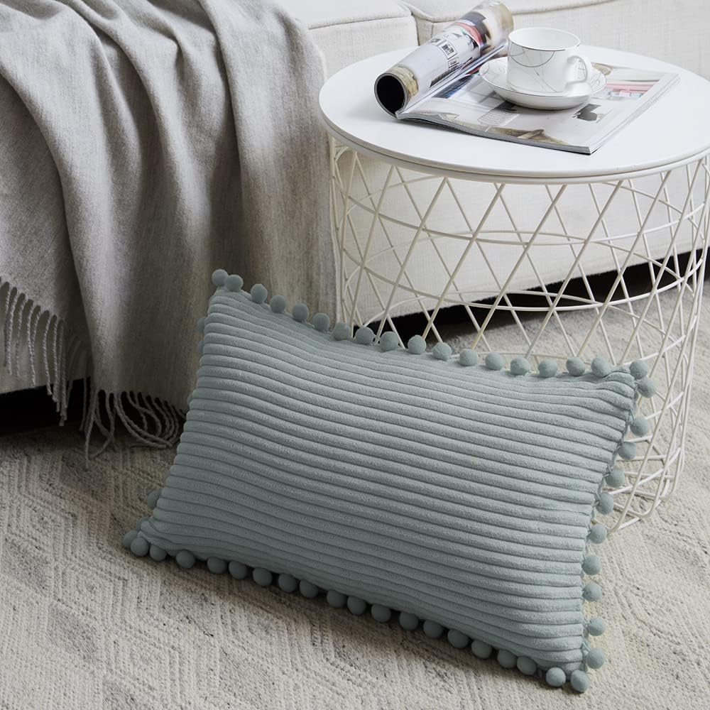 Fancy Homi Pack of 2 Farmhouse Lumbar Decorative Throw Pillow Covers with Pom-poms, Soft Corduroy Solid Rectangle Cushion Cases Set for Couch Sofa Bedroom Living Room (14x24 Inch/35x60 cm, Grey Blue)