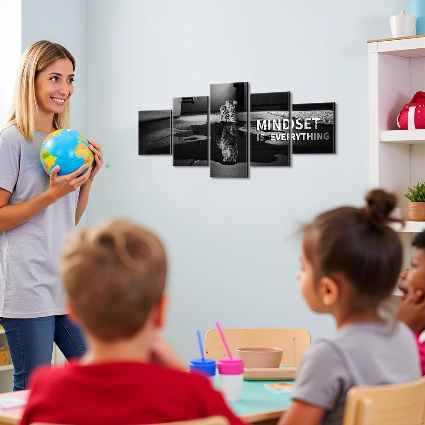 Mindset is Everything 5 Pieces Motivational Tiger Wall Art with Wooden Frame, Inspirational Quotes Poster for Office & Home Decor, Modern Motivational Wall Decor, Positive Office Art (50''W x 24''H)