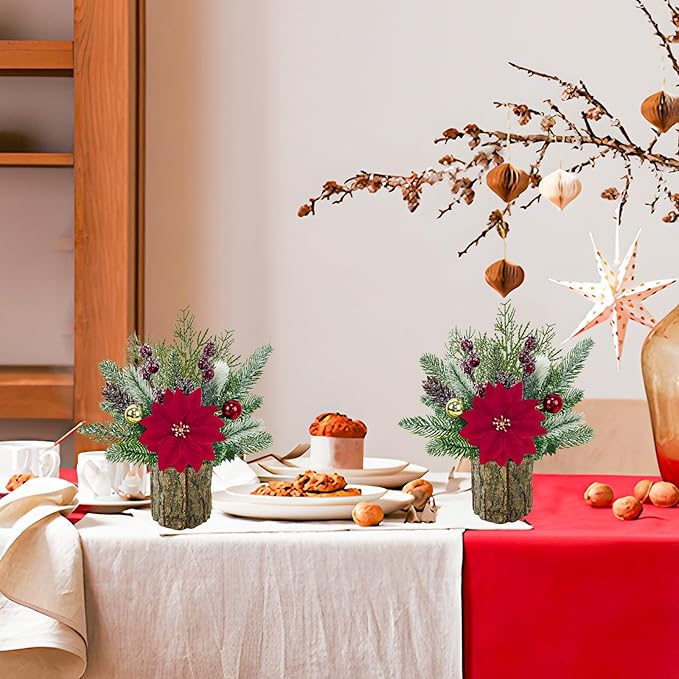 TORONTOKYO 13inch Small Christmas Plants Artificial with Wooden Pot, Flocked Small Fake Plants with Red Poinsettia Berries, Pine Cones for Home Office Desk Xmas Decorations