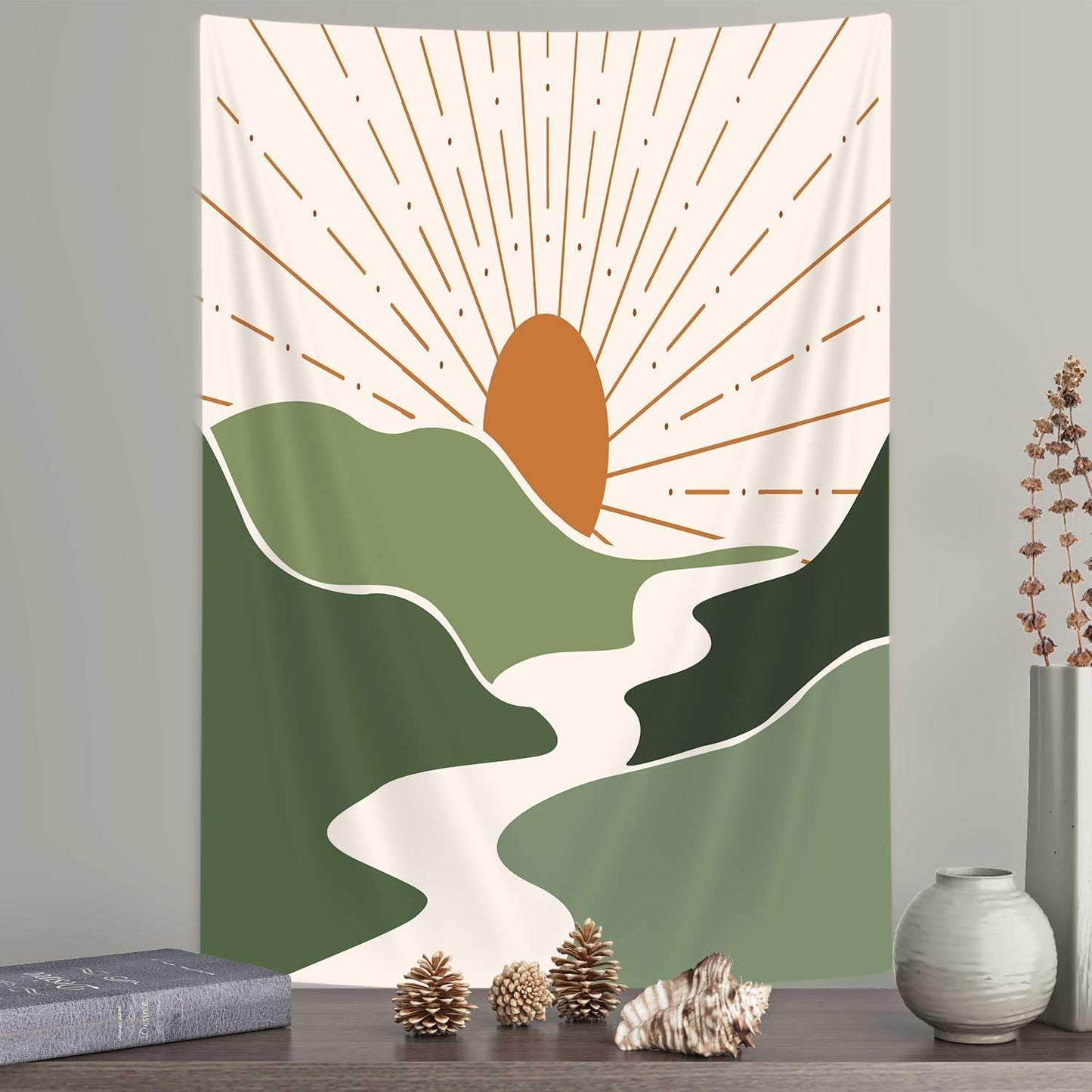DYNH Boho Mountain Sun Vertical Tapestry, Sunset Sunrise Abstract Nature Landscape Tapestries, Aesthetic Minimalist Wall Hanging for Bedroom College Dorm Asthetic Home Decor,60X70IN