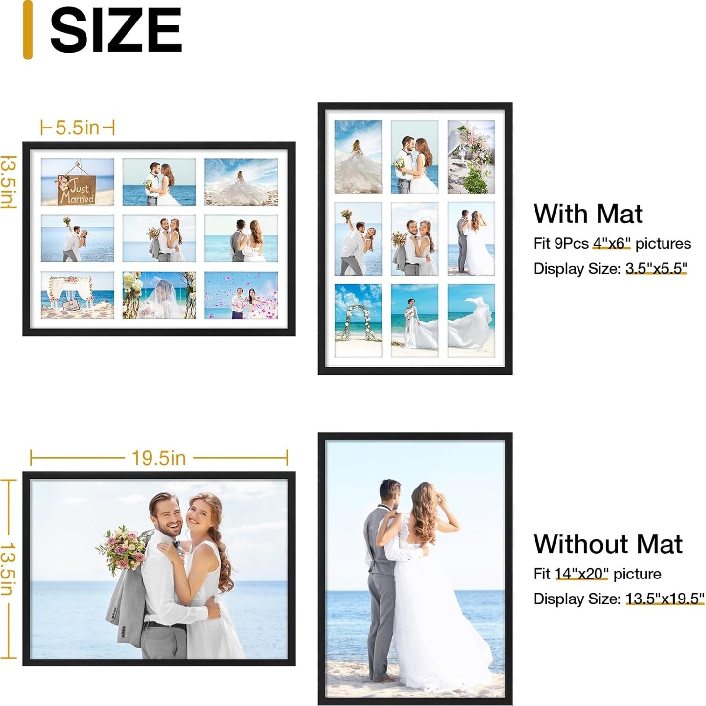 decorUhome 14x20 Picture Frames Collage Wall Decor, Display 9Pcs 4x6 Photos with Mat or 1Pcs 14x20 Unmatted, 9 4x6 Collage Picture Frames for Wall Mounting, Black