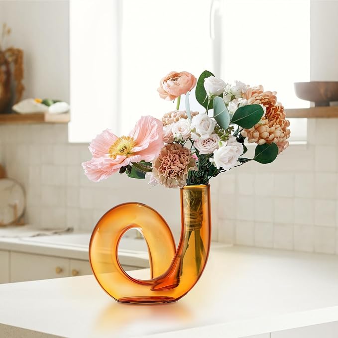 Joeyan Handmade Small Amber Glass Flower Vase,Decorative Geometric Glass Bud Vase for Modern Home Centerpieces Living Room Office,4.72" Abstract Vase for Single Flower and Dry Flowers