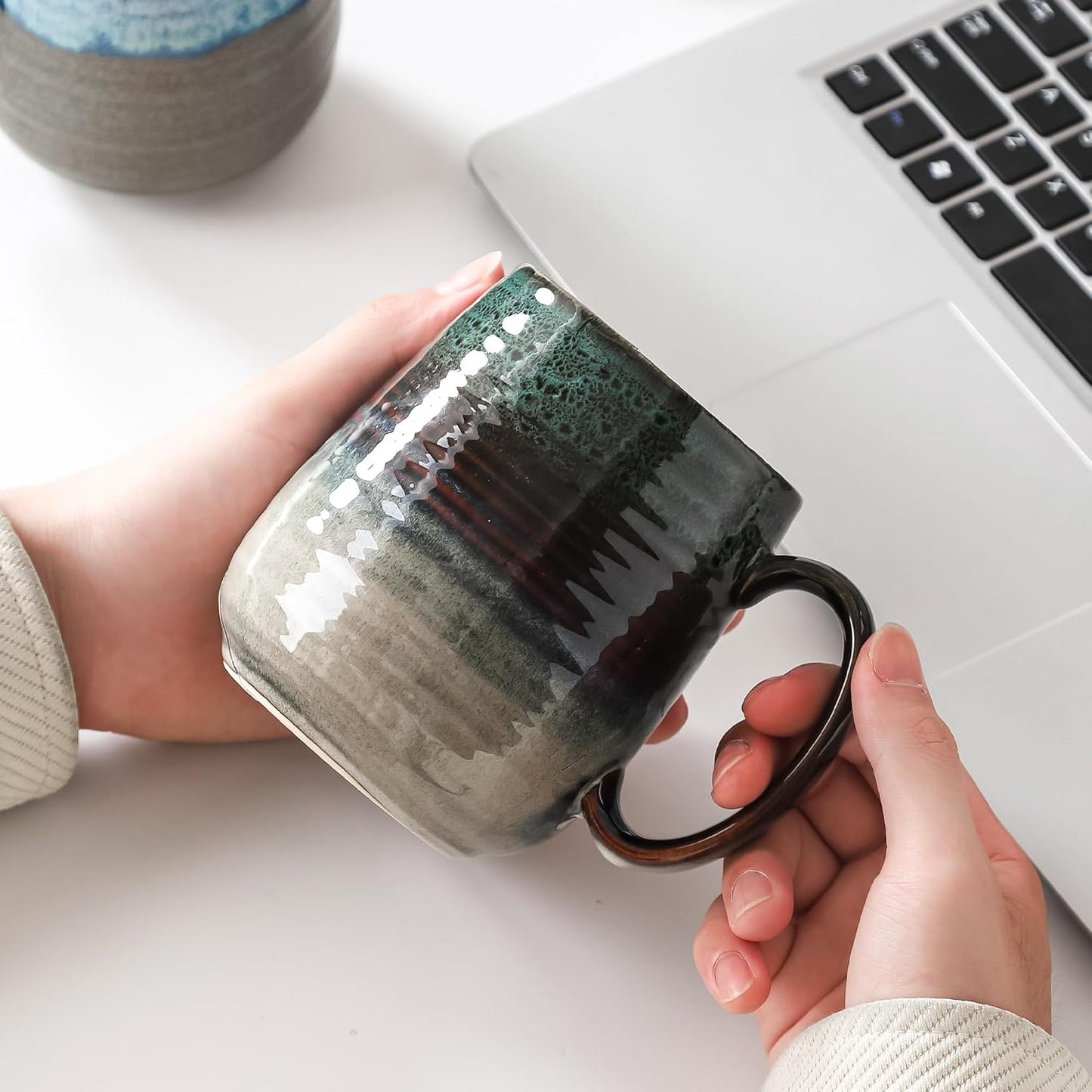 Large Coffee Mugs, Extra Large Ceramic Coffee Mug, 23 oz Handmade Pottery Mug, Big Tea Cups with Handle for Office and Home, Dishwasher and Microwave Safe (Ink Green)
