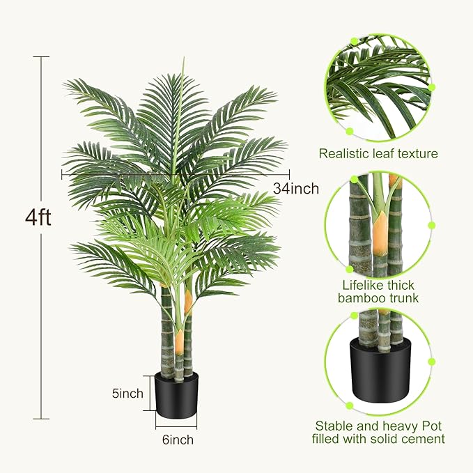 4ft Tall Triple Golden Cane Palm Artificial Tree Large Tropical Palm Tree UV Resistant Fake Plant in Pot for Indoor Outdoor Big House Living Room Outside Patio Office Home Decor 1Pack