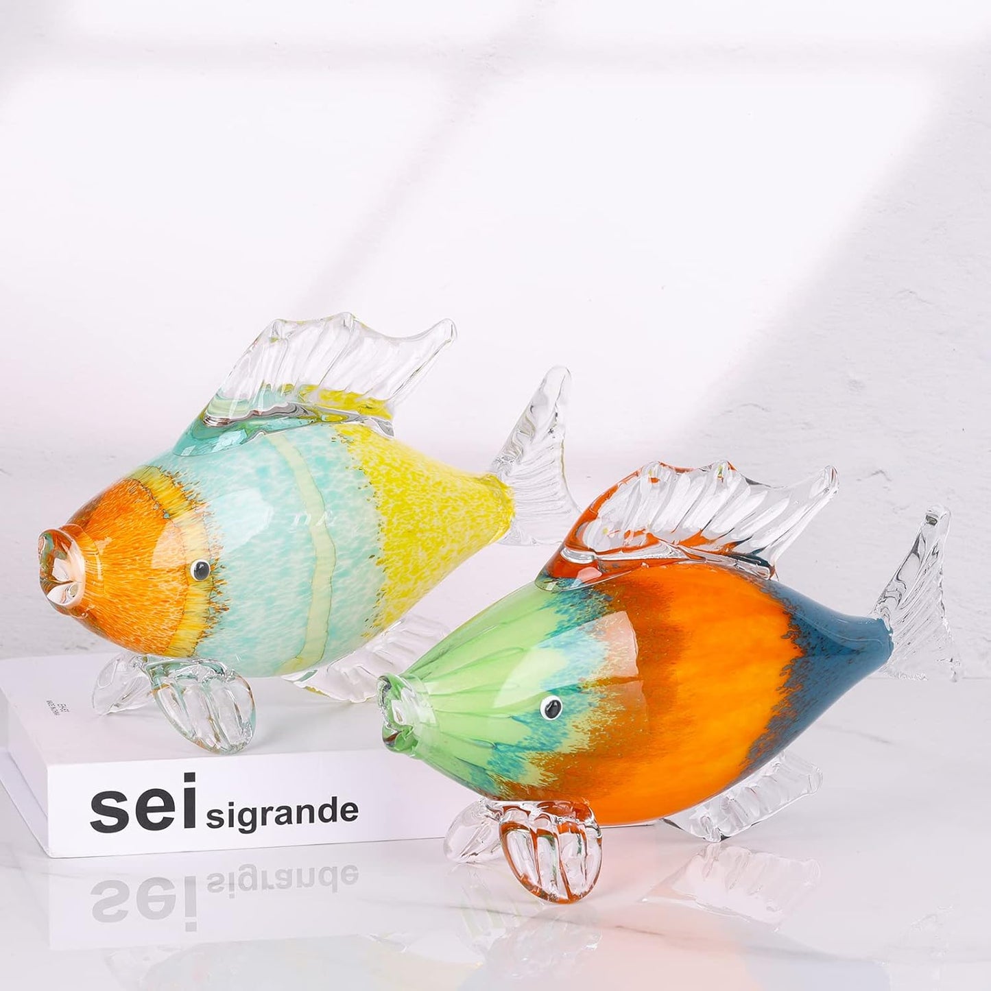 LCCCK Large Glass Fish Statue, Hand Blown Glass Sea Life Figurines, Coastal Decor for Home,Tropical Fish Ornaments Collectible Figurines, Coffee Table, Shelf, Office, Bathroom Decoration Nautical Art
