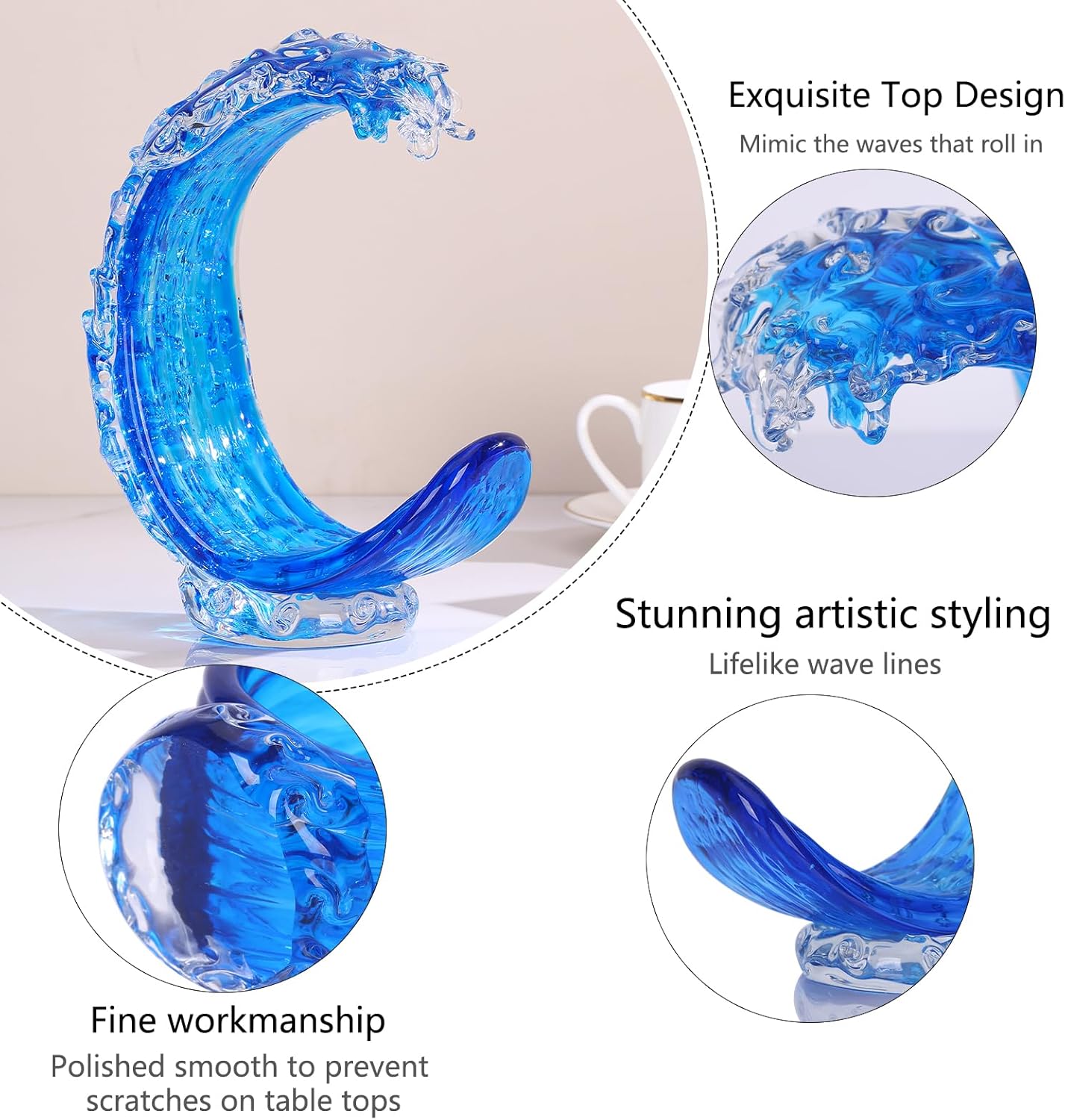 LCCCK Blue Glass Beach House Decor, Hand Blown Ocean Wave Decorate, Tall Blue Glass Sculpture Home Decor, Ocean Wave Fused Art Figurines, for Sea Art Beach Coastal Nautical Office Surfers Gifts