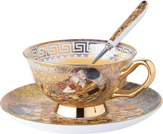 Ebrima Bone China Cup & Saucer Set, European Tea Cup Set with Spoon, Vintage Ceramic Coffee Cups for Home, Kitchen, Wedding, Christmas Gift