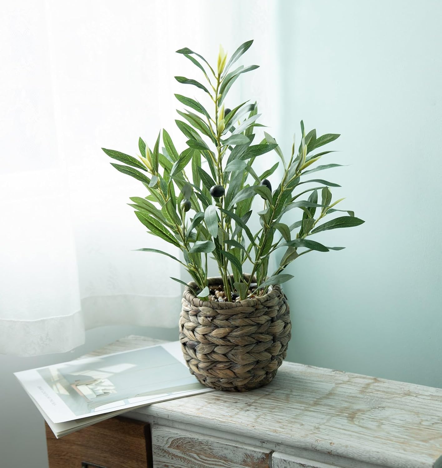 Indoor Fake Olive Plants 17.7 inches Tall Lifelike Artificial Olive Plants with Cyan Fruits in Brown Rattan Planter for Shelf Office Desk Kitchen Counter Small Space Artificial Plant Decor