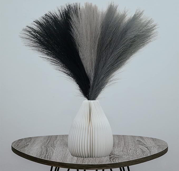6 Pcs 17" Faux Dried Pampas Grass Decor, Fluffy Fake Small Pompas Artificial Black Grey Gray Pompous Short Stems Bouquet Flower Arrangement Vase Filler for Boho Home Wedding Decoration Orders