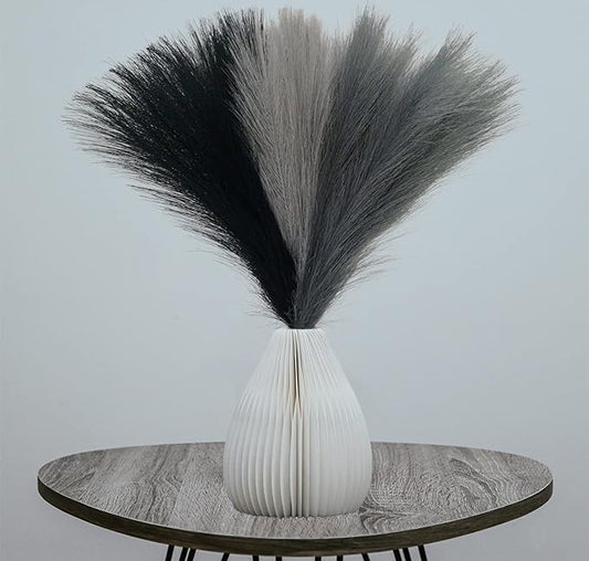 6 Pcs 17" Faux Dried Pampas Grass Decor, Fluffy Fake Small Pompas Artificial Black Grey Gray Pompous Short Stems Bouquet Flower Arrangement Vase Filler for Boho Home Wedding Decoration Orders