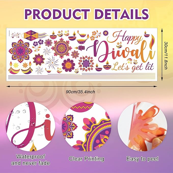 HLNIUC Happy Diwali Wall Stickers Peel and Stick(35”x12”) Let’s Get It Diwali Window Clings Double Sided,Multicolor Indian Festival of Light Wall Decal,Diyas Party Decoration Supplies for Living Room