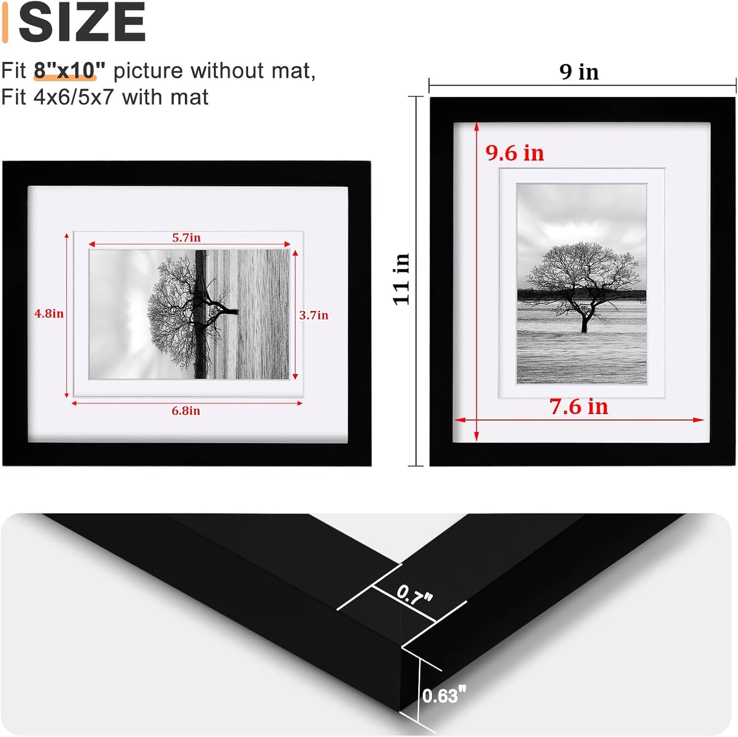 Egofine 8x10 Picture Frames Set of 4, Made of Solid Wood Covered by Plexiglass 4x6 and 5x7 with Mat or 8x10 without Mat, for Table Top Display and Wall Mounting Photo Frame Black