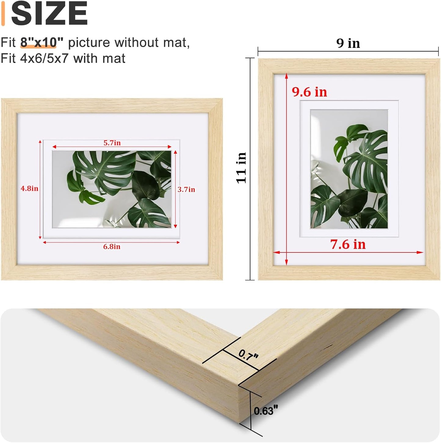 Egofine 8x10 Picture Frames Set of 4, Made of Solid Wood Covered by Plexiglass 4x6 and 5x7 with Mat or 8x10 without Mat, for Table Top Display and Wall Mounting Photo Frame Oak Wood