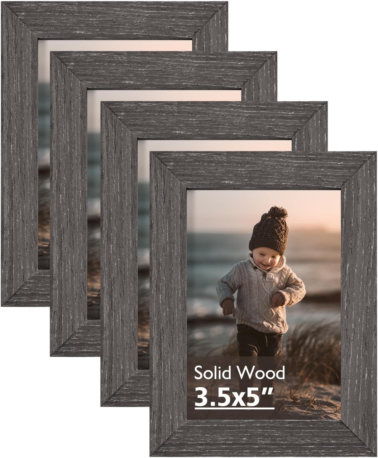KINLINK 3.5x5 Picture Frame Ash Black, Solid Wood Frames with Plexiglass for Table Top and Wall Mounting, Photo Frames for Horizontal or Vertical Display, 4 Pack