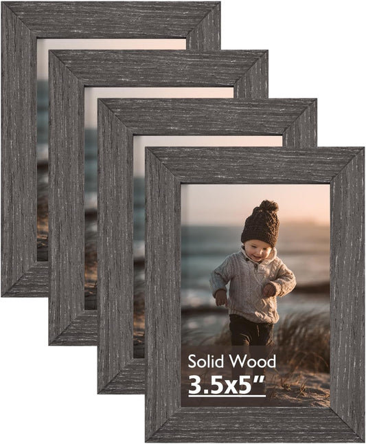 KINLINK 3.5x5 Picture Frame Ash Black, Solid Wood Frames with Plexiglass for Table Top and Wall Mounting, Photo Frames for Horizontal or Vertical Display, 4 Pack