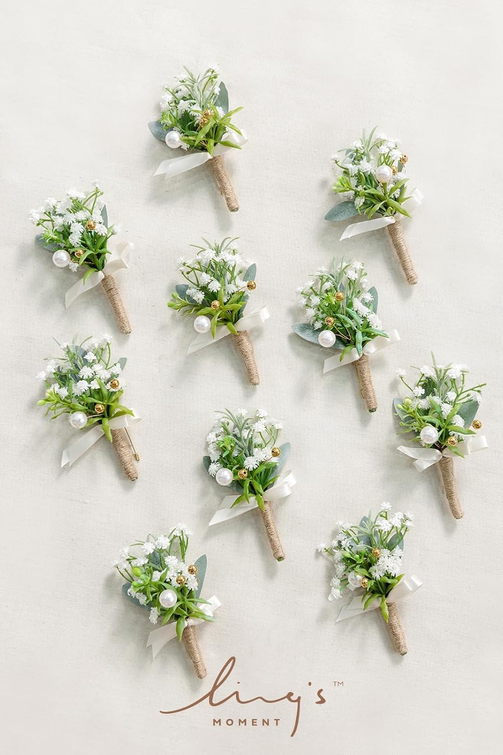 Ling's Moment Boutonniere for Men, 10pcs Groomsmen Guest Boutonniere, Artificial Flowers for Wedding Décor/Prom/Homecoming,etc.Baby Breath White Pearl