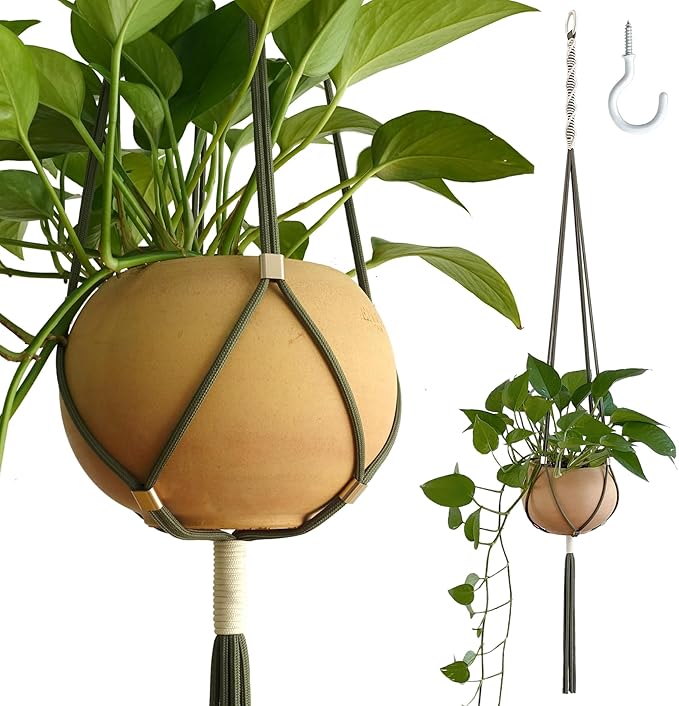 Macrame Plant Hanger Polyester Rope 42 Inch Outdoor Indoor Adjustable Hanging Planter for up to 10 Inch Plant Pot Modern Boho Home Decor (1, Forest Green/Ivory)