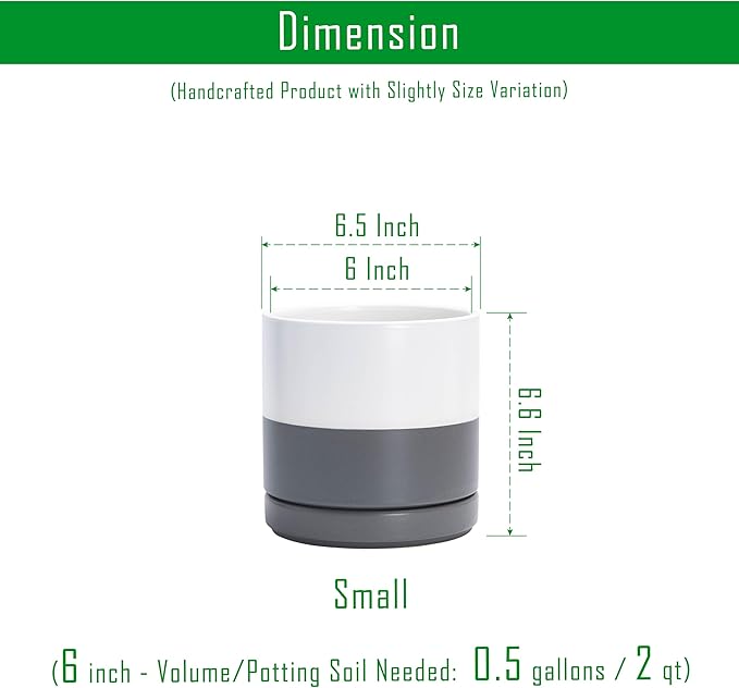 D'vine Dev Set of 2 Plants Pots, 6.5 Inch Ceramic Planter Pot for Plants with Drainage Hole and Saucer, White/Speckled Grey, 94-V-C-6