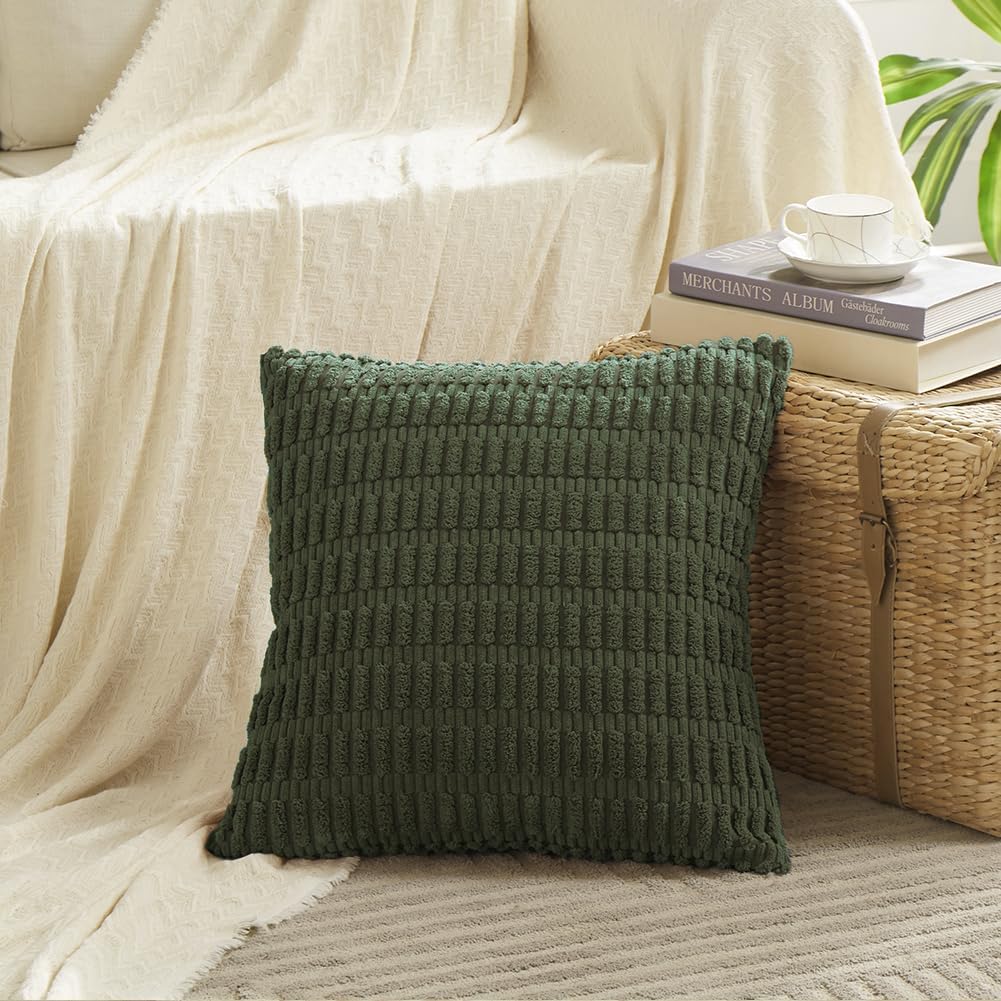 Fancy Homi 4 Packs Boho Olive Green Decorative Throw Pillow Covers 16x16 Inch for Couch Bed Sofa, Rustic Modern Farmhouse Home Decor, Soft Plush Corduroy Cute Square Cushion Case 40x40 cm