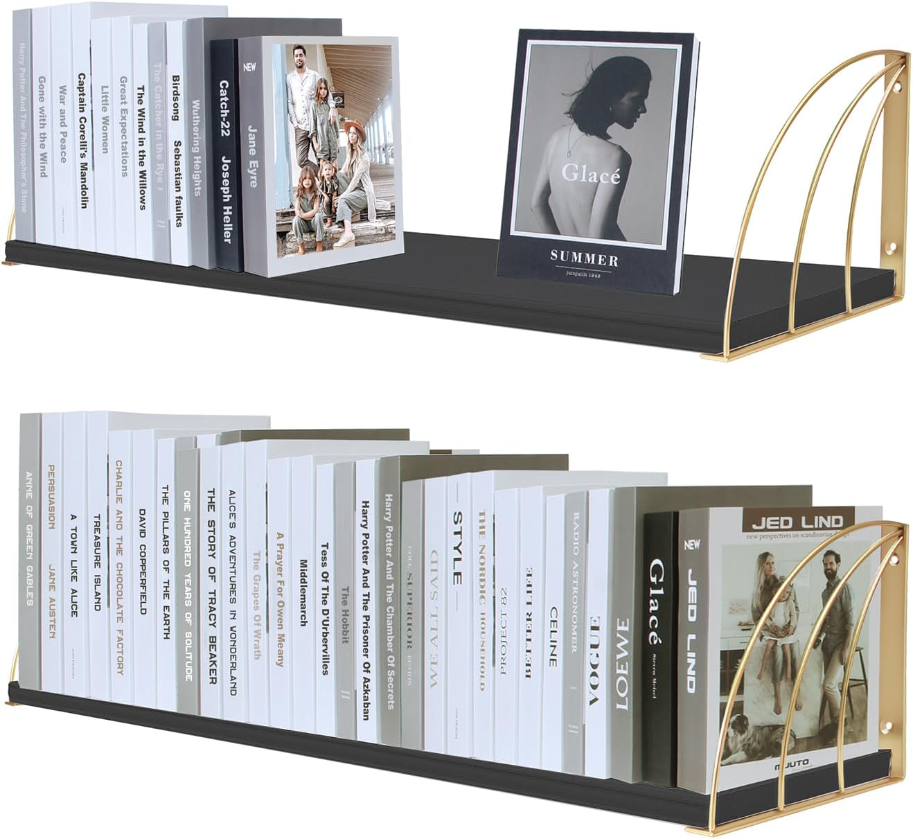 Black Floating Shelves Pine Wood 23.5×7.87 Inch Black Floating Bookshelf with Elegant Lines,Long Gold Shelves,Black and Gold Floating Shelves for Floating Book Shelf Set of 2.