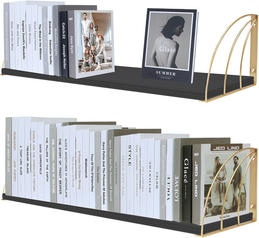 Black Floating Shelves Pine Wood 23.5×7.87 Inch Black Floating Bookshelf with Elegant Lines,Long Gold Shelves,Black and Gold Floating Shelves for Floating Book Shelf Set of 2.
