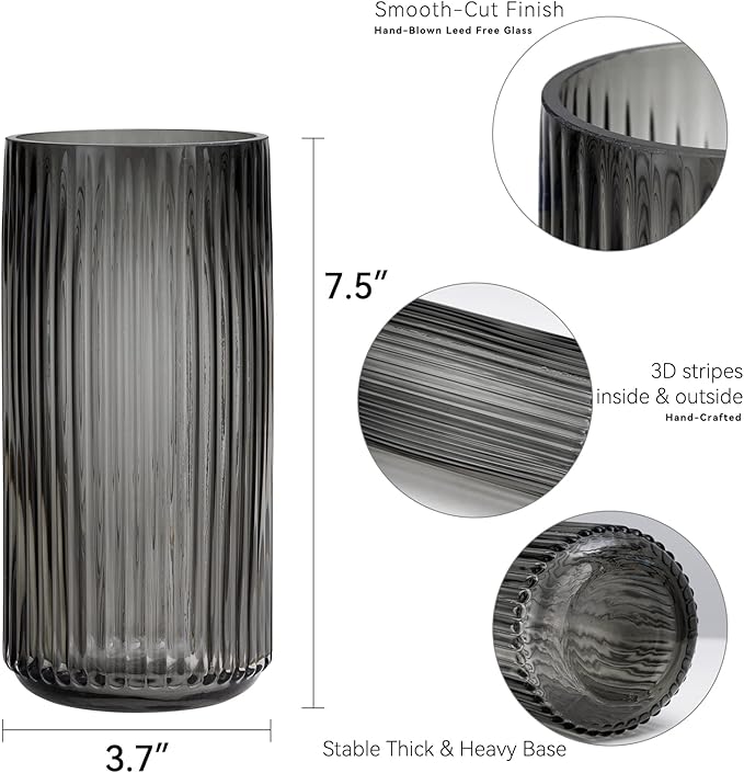 Flower Vase 7.5 inch Grey Thickened Hand Blow Glass Vase Round Vintage Striped Bottles for Bookshelf,Dinner Table,Indoor Office Desktop,Meeting Room,Bathroom,Countertop,Home