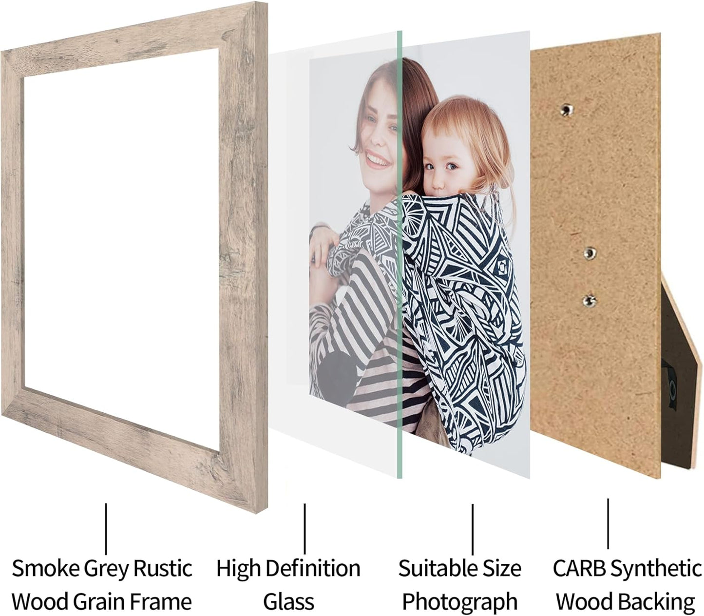 iRahmen 8x10 Picture Frame Set of 4, Smoke Gray Frame with High Definition Real Glass, 8 x 10 Wood Photo Frame for Tabletop Display and Wall Mounting