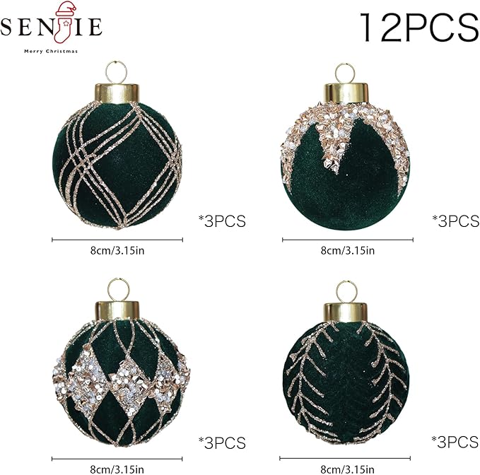 3.15INCH Green Velvet Ornaments for Christmas Tree, 12PCS Glitter Flocked Christmas Ornaments Decorations Balls Set Decor