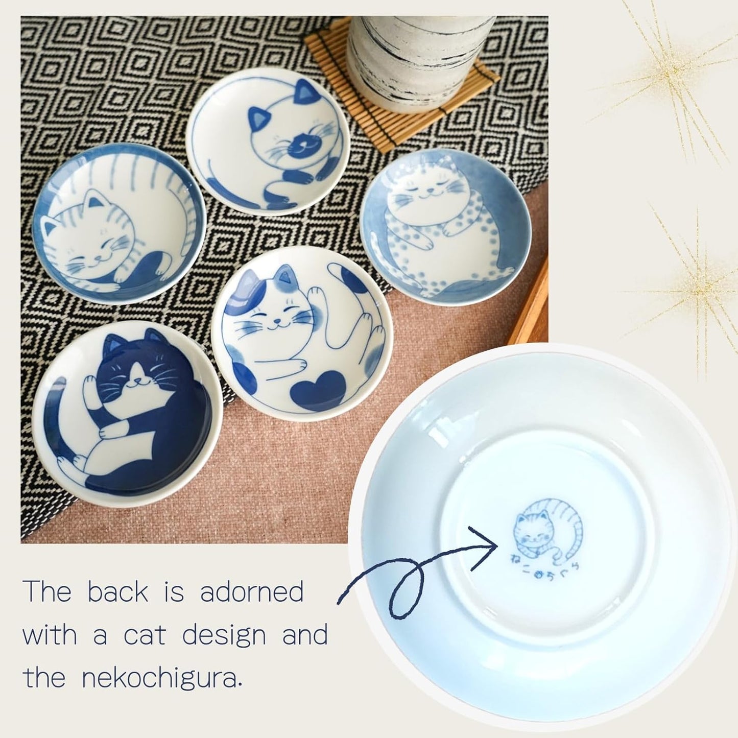 Dessert Sushi Soy Sauce Salad Small Plate Set Ceramic Cats Design Set of 5 Made In Japan Sleeping Cat