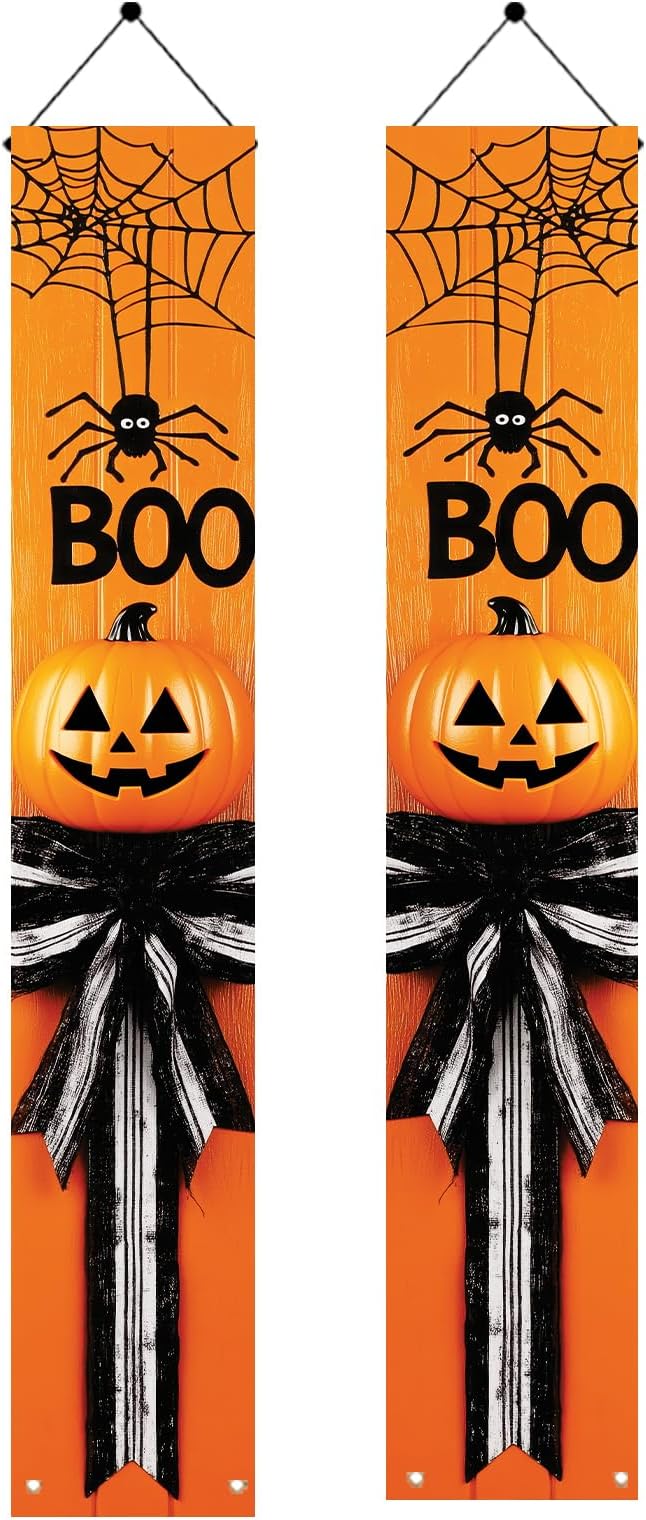 2PCS Halloween Porch Banner Boo Spider Pumpkin Signs 71 x 12 Inch Halloween Front Door Hanging Decor Outdoor Indoor Wall Decorations for Party Entryway Supplies