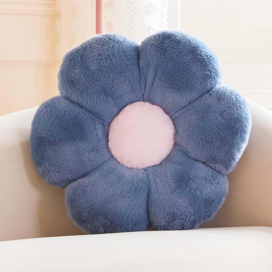 Dusty Blue Flower Shaped Throw Pillow with Faux Rabbit Fur, 14.9" Soft Plush Throw Pillow for Bedroom Living Room