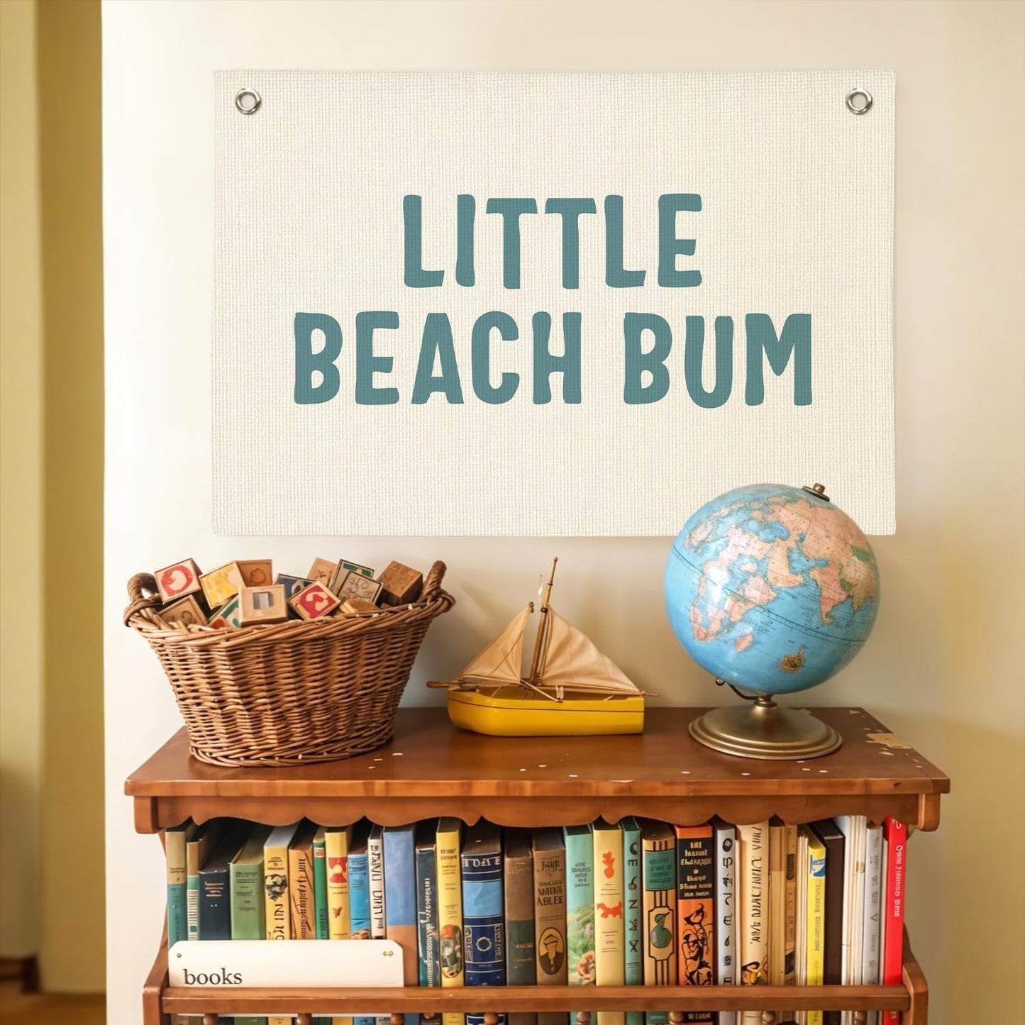 Little Beach Bum Canvas Banner - Coastal Nursery Wall Decor for Baby and Kids Room Nursery Playroom, Beach Theme Wall Hanging, Summer Surf Vibes, 30x20 Inch