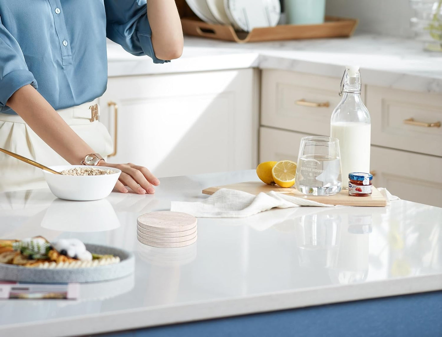 Beige Travertine Coasters Set of 4,Marble Absorbent Coasters 4 '',Ideal for Housewarming Gifts, Anniversaries, Office Decorations - Protects countertops - Sturdy and Durable, Beautiful and Generous