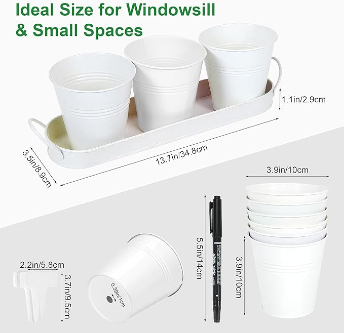 Herb Garden Planter Indoor Kit – 6 Metal Pots with 2 Trays for Windowsill & Kitchen Counter – Modern Decorative Indoor Planters for Herbs, Succulents & Small Plants, White