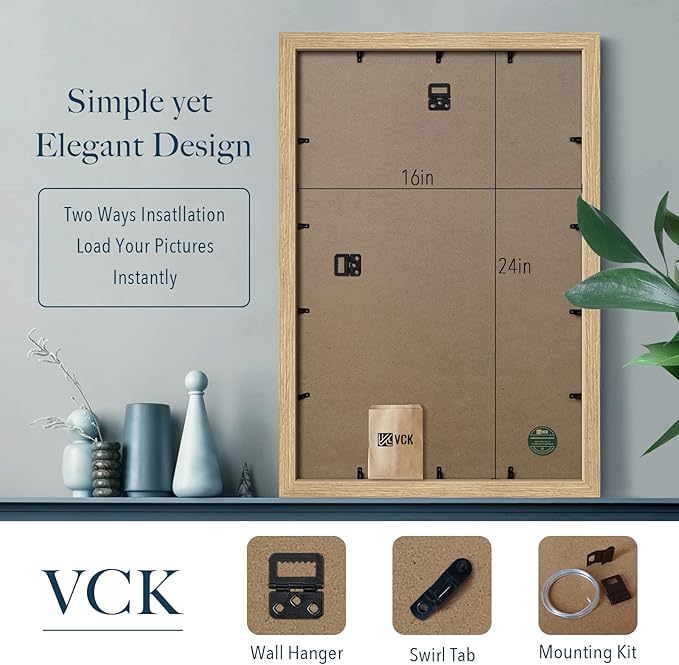 VCK 16x24 Oak Wood Frame for Poster & Picture, Natural Solid Wood Photo Frames 3 Pack, Wall Gallery Frame