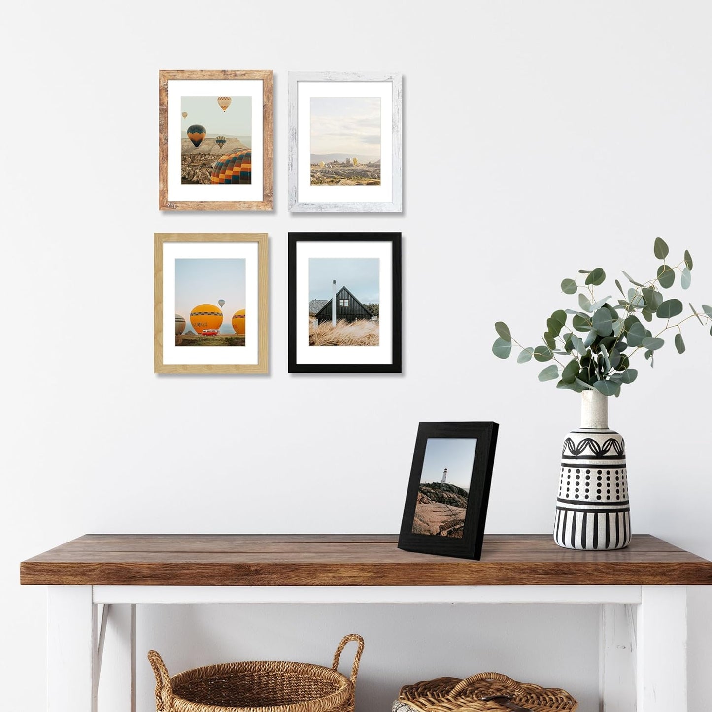 iRahmen 11x14 Picture Frame Set of 4, High Definition Tempered Glass 11 x 14 Frames Display 8x10 Pictures with Mat, Mixed Color Wood Photo Frame Wall Mounting