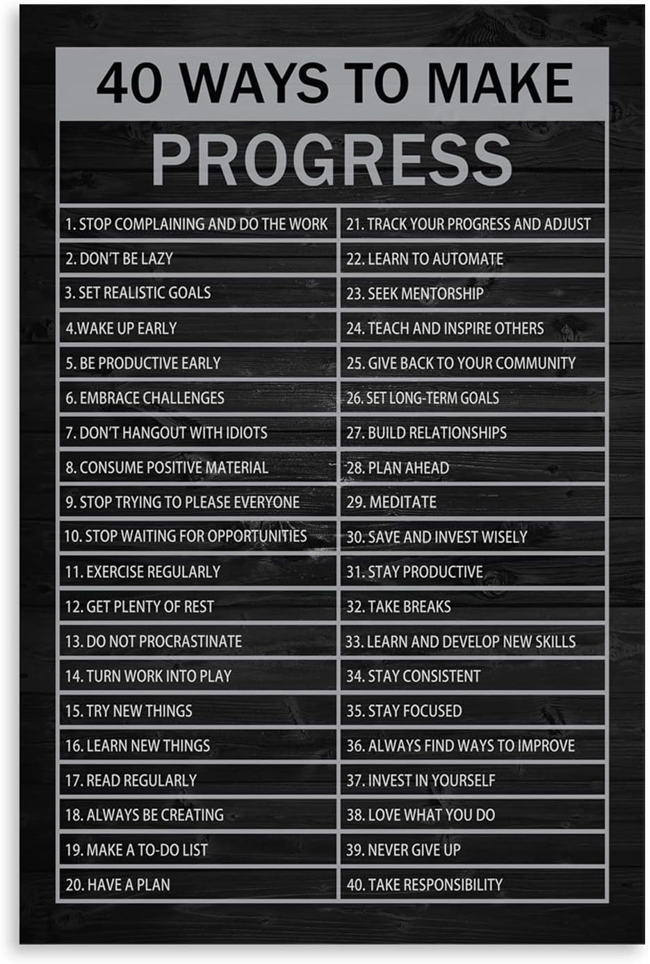 Inspirational Canvas Wall Art 40 Ways to Make Progress Motivational Posters Prints Modern Home Decor Painting Artwork for Living Room Bedroom Pictures Framed Ready to Hang[12" W X 18" H]