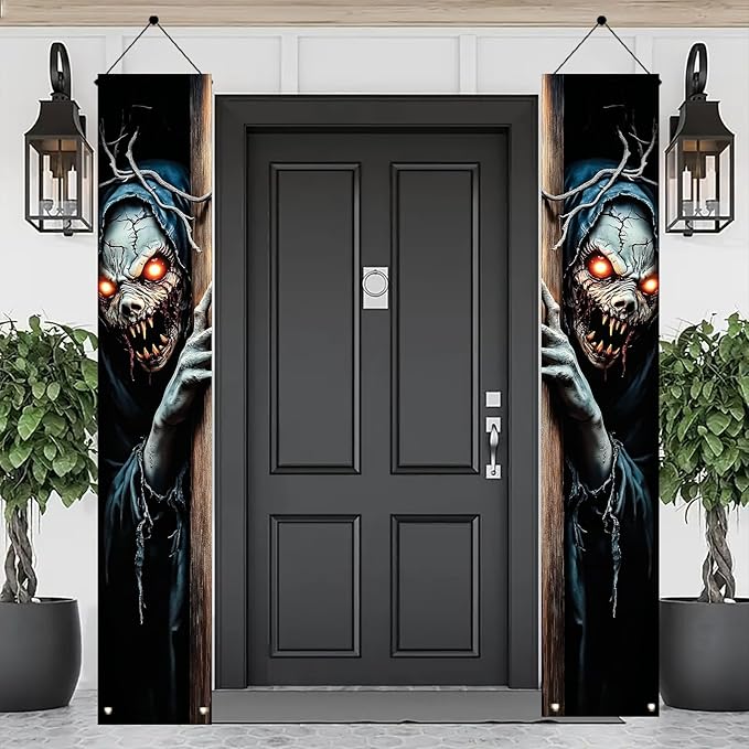 2PCS Halloween Porch Banner Scary Skeleton Demon Vertical Hanging Decorations for Front Door Outdoor Horror Welcome Door Sign Spooky Party Decor Haunted House Entrance Backdrop 71 x 12 Inch