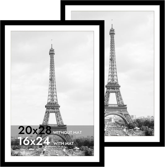 iRahmen 20x28 Picture Frame Set of 2 with Plexiglass, Black Wood Poster Frame for Wall Mounting Display 16x24 Picture with Mat or 20 x 28 Without Mat