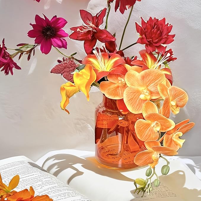 BLOFLO Orange Glass Vase, 7 Inch Large Glass Vase for Flowers, Modern Thick Glass Flower Vases for Centerpieces, Decorative Glass Cylinder Hydroponic Vase for Wedding, Home, Office (Orange, 7Inch)