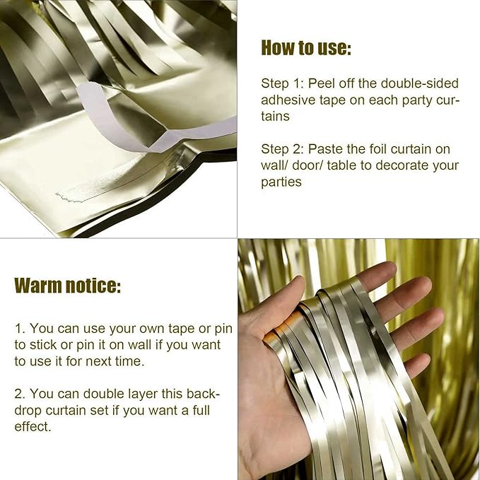 4 Pack Light Gold Foil Fringe Curtain Backdrop, 3.28Ft x 9.84Ft Metallic Tinsel Streamers Curtains for Party, Photo Booth Props, Birthday, 2022 Graduation Decoration Supplies