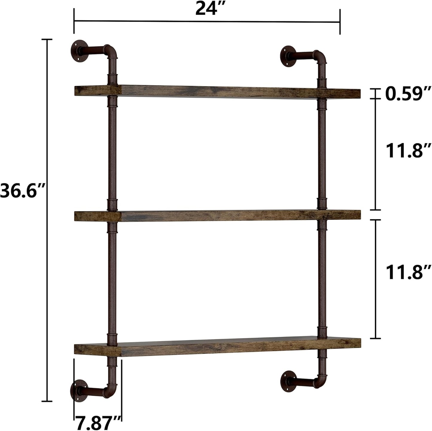 Helsin 3 Tier Industrial Pipe Shelf Rustic Wood Floating Shelves,Wall Display Bookshelf,Storage Rack Sundries Holder for Kitchen Office Bathroom Organization and Home Decor (24inch)