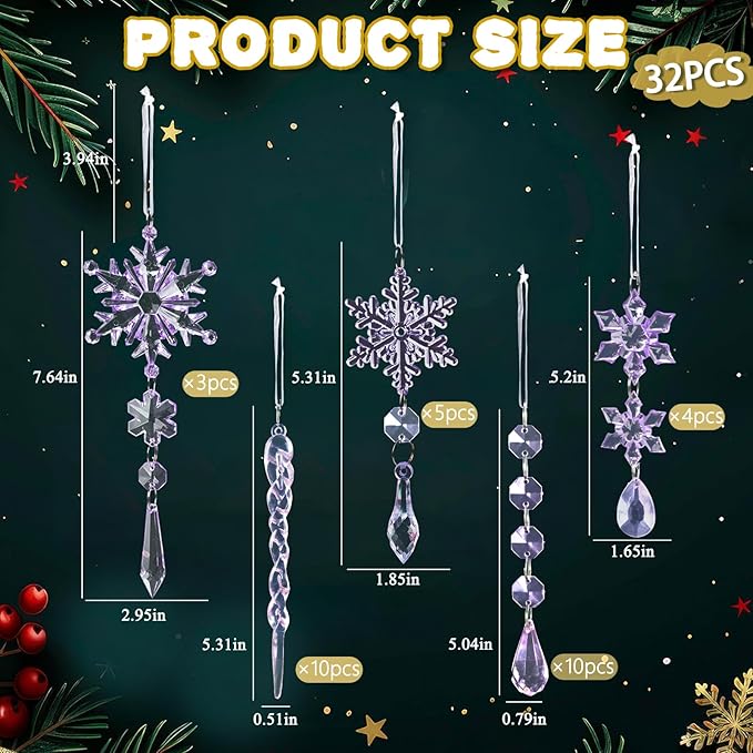32pcs Crystal Christmas Ornaments for Christmas Tree Decorations-Purple Hanging Acrylic Snowflake and Icicle Ornaments with Drop Pendants for Xmas Winter Wonderland New Year Party Decorations Supplies