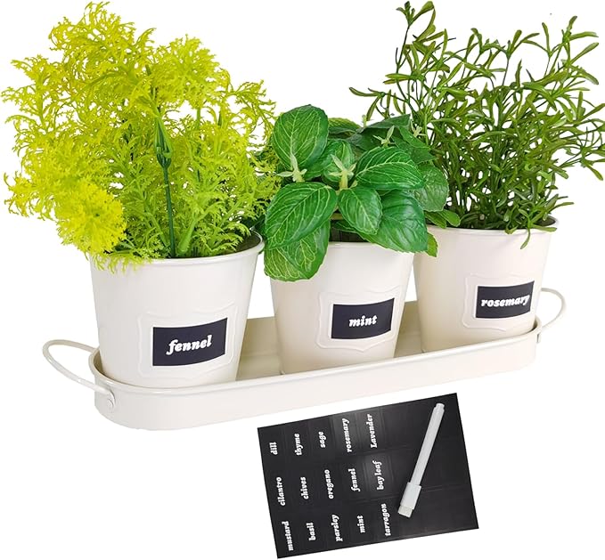 4" Herb Garden Planter Kit, Indoor Herb Planters with Tray, Set of 3 Metal Windowsill Pots for Flower Plants with Drainage Hole, Customizable Labels & Marker Pen, Beige